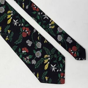 VINTAGE ESKAY OLYMPICS SILK TIE BLACK GREEN EMBROIDERED FLOWERS 3.25" X 57"